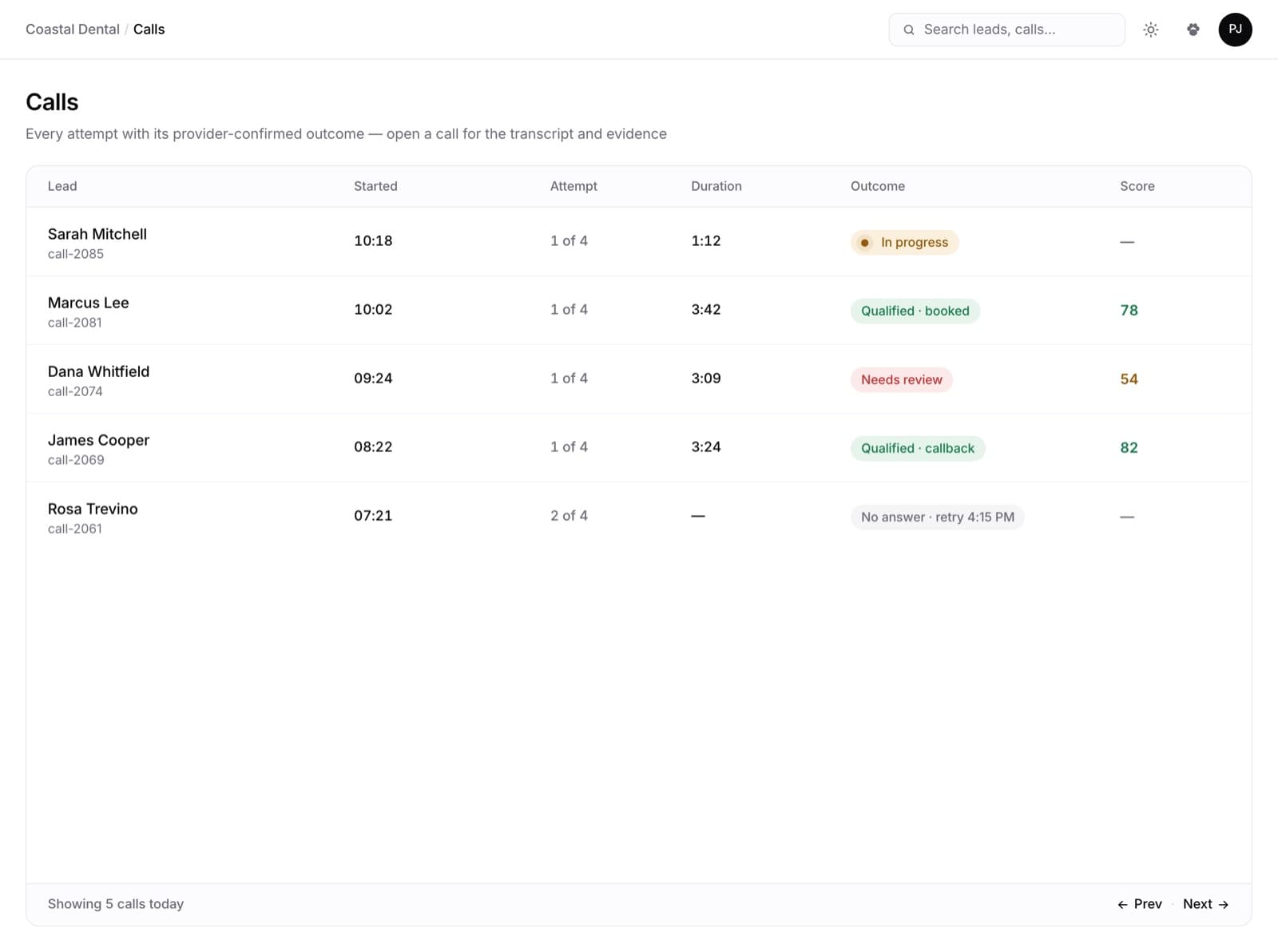 Revvox calls board listing recent calls with attempt number, duration, outcome and score.
